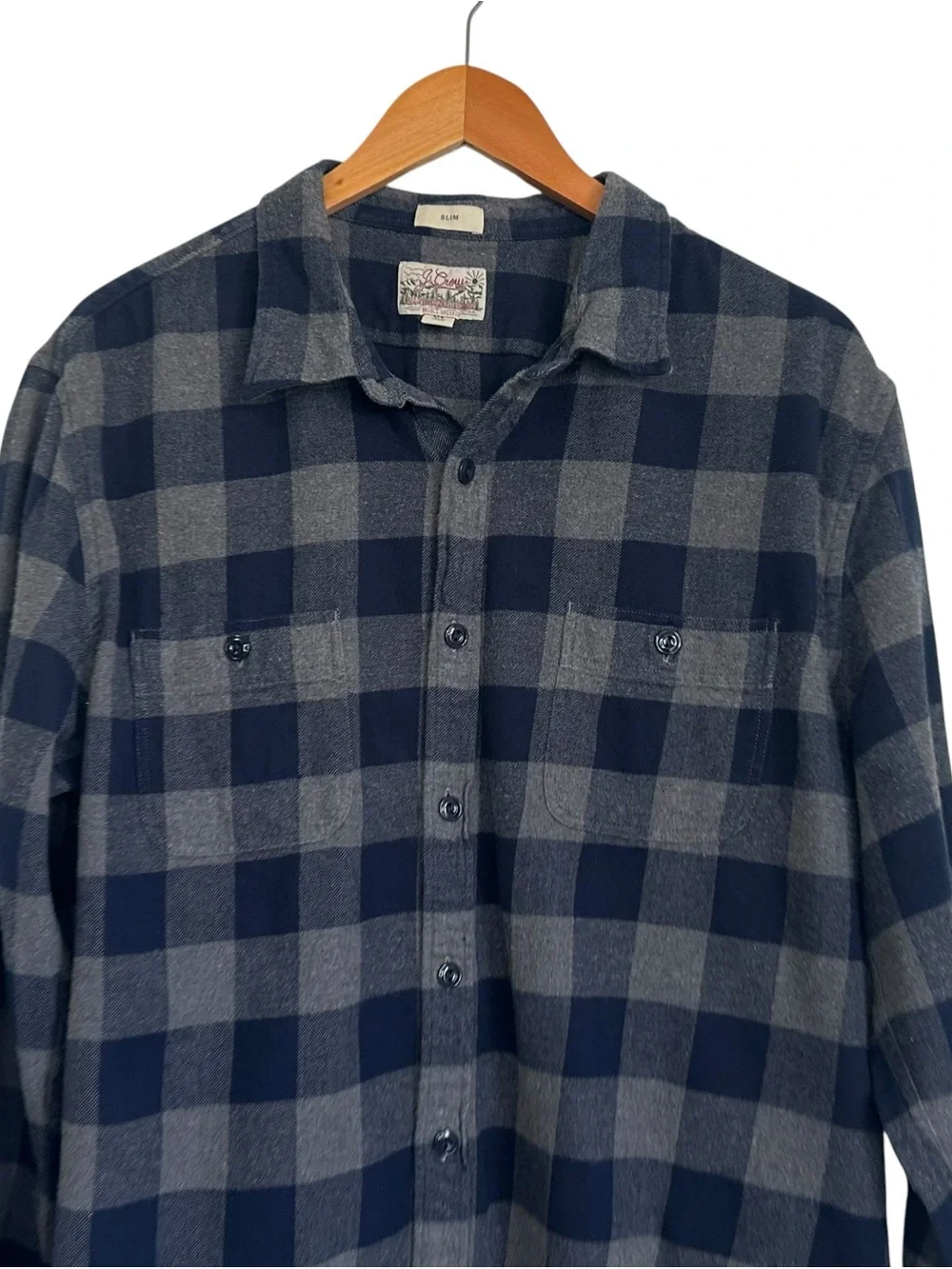 J Crew Men Midweight Flannel Plaid Slim Shirt XL Blue Gray Button Up Long Sleeve